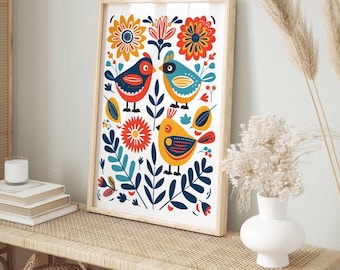 Norwegische Folk Art Blumen Vogel Druck Küche Wand Kunst Skandinavischen Schlafzimmer Druck Cafe Dekor Folklore Vogel Kunst Blau Küche Dekor Maximalist Vögel