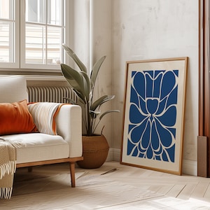 Scandinavian Art Nordic Print Blue Scandi Art Norway Abstract Print Botanical Poster Matisse Style Art Royal Blue Wall Art Blue and Beige