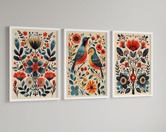 Folk Art Bird Prints: Scandinavian Floral Wall Decor, Set of 3