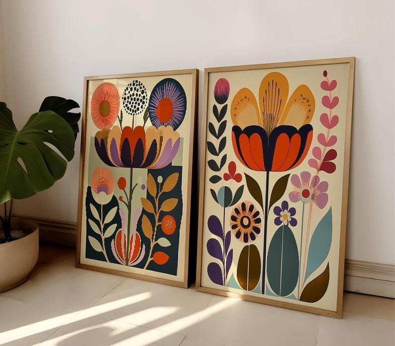 Ensemble de 3 affiches florales d'art populaire norvégien scandinave, style nordique, style bohème, pour décoration murale de salon. image 10
