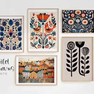 Arte popular escandinavo Floral pájaro impresión galería de arte nórdico sala de estar arte moderno hogar decoración café decoración arte conjunto Scandi arte de pared
