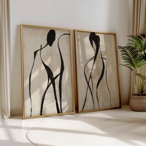 Abstrakt Schwarz Linie Kunst Moderne Menschen Drucken Mid Century Wandkunst Minimalistischer Druck Wohnzimmer Kunst Weibliche Figur Wanddekoration Schwarz auf Beige