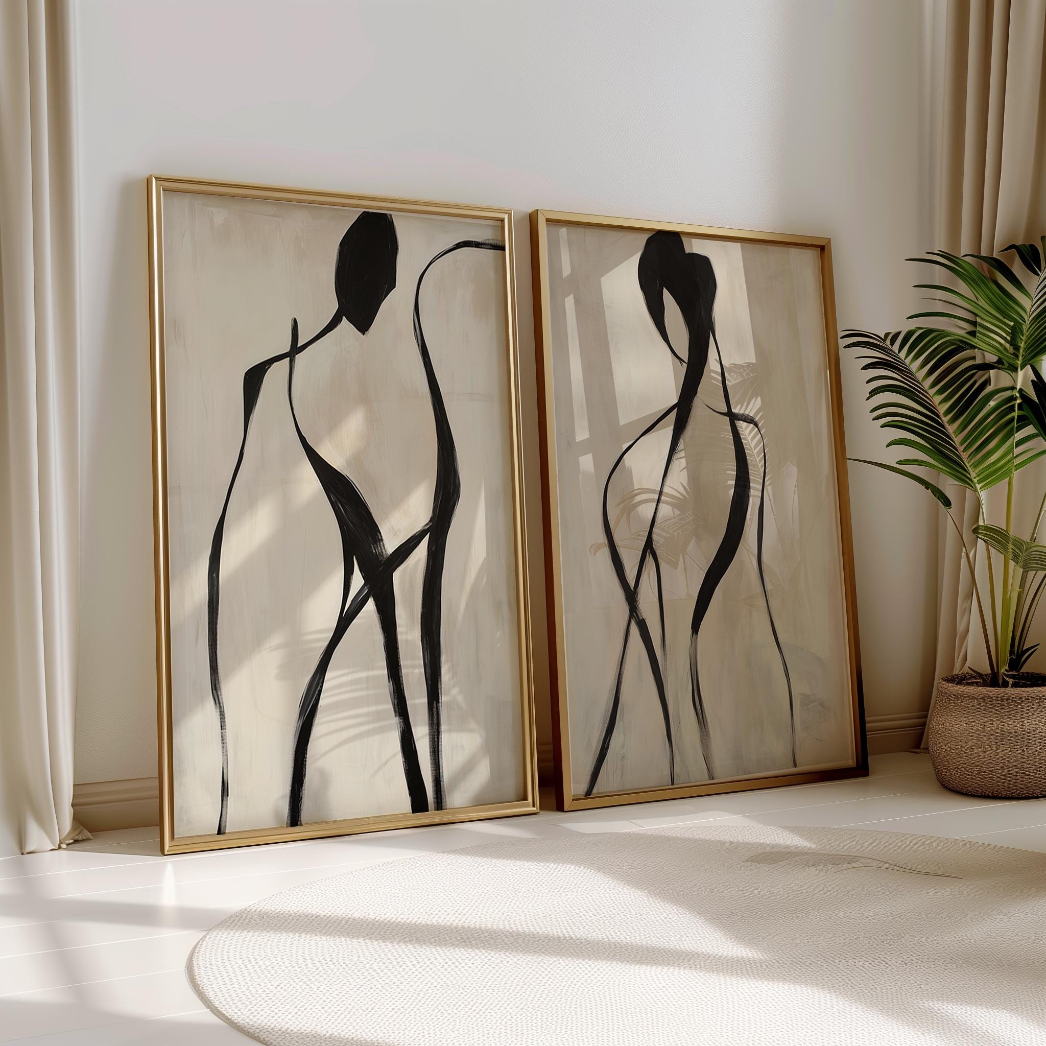 Abstract Black Line Art Modern People Print Mid Century Wall Art Minimalist Print Living Room Art Female Figure Wall Decor Black On Beige
