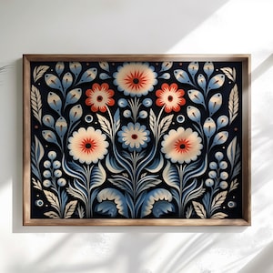 Arte escandinavo, arte popular noruego, estampado floral de pájaros, galería de arte nórdico, arte para sala de estar, decoración moderna para el hogar, conjunto de arte para cafetería, arte escandinavo imagen 12
