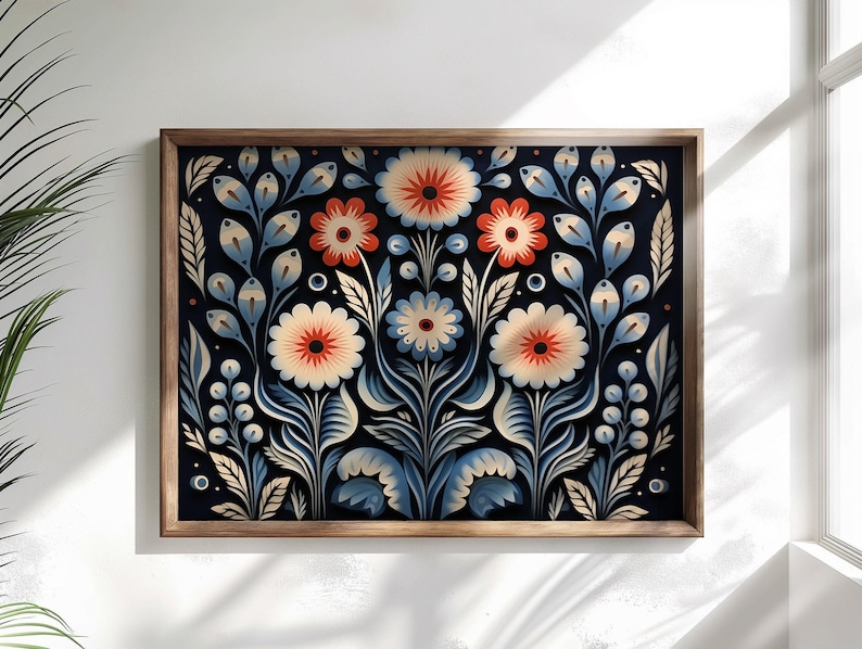 Arte escandinavo, arte popular noruego, estampado floral de pájaros, galería de arte nórdico, arte para sala de estar, decoración moderna para el hogar, conjunto de arte para cafetería, arte escandinavo imagen 12
