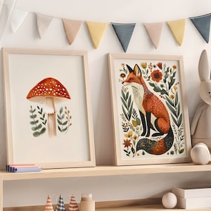 Stampe per bambini del bosco, stampe per bambini della natura, arte per bambini stampabile, stampa di volpe per bambini, stampa di funghi per bambini, arte murale di animali del bosco