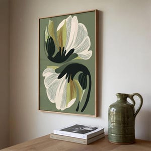 Lámina decorativa floral verde para pared, póster botánico moderno, arte floral verde oliva, lámina minimalista de naturaleza. imagen 8