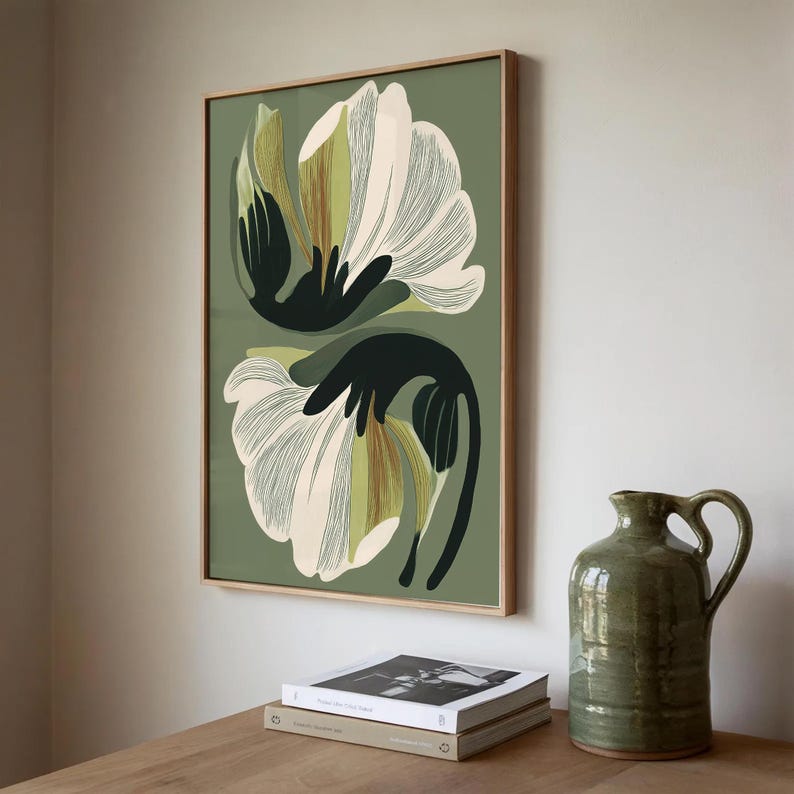 Lámina decorativa floral verde para pared, póster botánico moderno, arte floral verde oliva, lámina minimalista de naturaleza. imagen 8