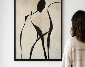抽象的な人物像のプリント、黒の線画、ミニマルな壁飾り（デジタルダウンロード）