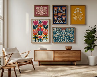 Scandinavian Folk Art Gallery Nordic Print Scandi Art Norway Print Botanical Poster Matisse Style Art Navy Blue Wall Art Folk Kitchen Print