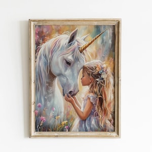 Nursery Unicorn Print, Unicorn Art For Kids Magical Nursery Print Little Girl And Her Unicorn Friendship Art Pink Unicorn Painting Girl Art