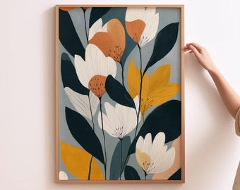 Floral Wandkunst Mid Century moderne druckbare Kunst hellblaue Blumen Druck Schlafzimmer Blumen Poster Boho Dekor botanische Wandkunst