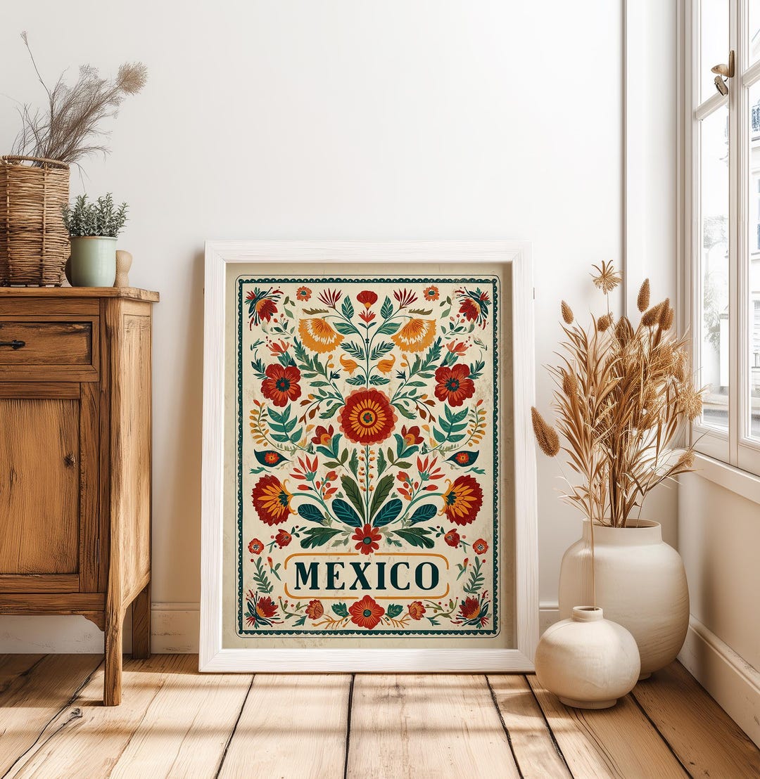 Mexican Folk Art Print Vintage Floral Mexico Poster Traditional Mexican ...