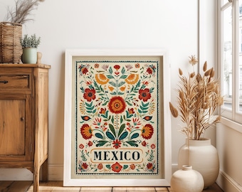 Impresión de arte popular mexicano, póster floral vintage de México, decoración tradicional mexicana para el hogar, obra de arte cultural latinoamericana, decoración de pared para fiestas
