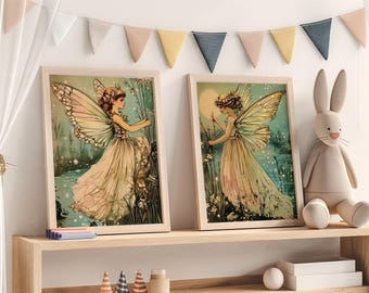 Vintage Fairy Art Set Of 2 Prints Woodland Fairy Print Boho Nursery Decor Fairy Art For Girls Room  Vintage Fairy Prints For Nursery