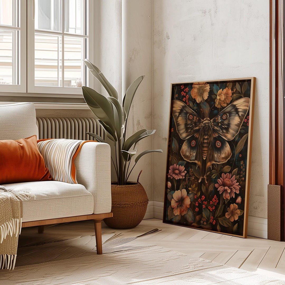 Moth Wall Art Dark Botanical Wall Art Moody Moth Painting Cottagecore ...