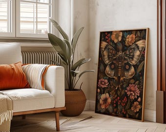 Arte de la pared de la polilla Arte de la pared botánica oscura Moody Moth Pintura Cottagecore Pintura Witchy Room Art Dark Academia Imprime arte rústico de la granja