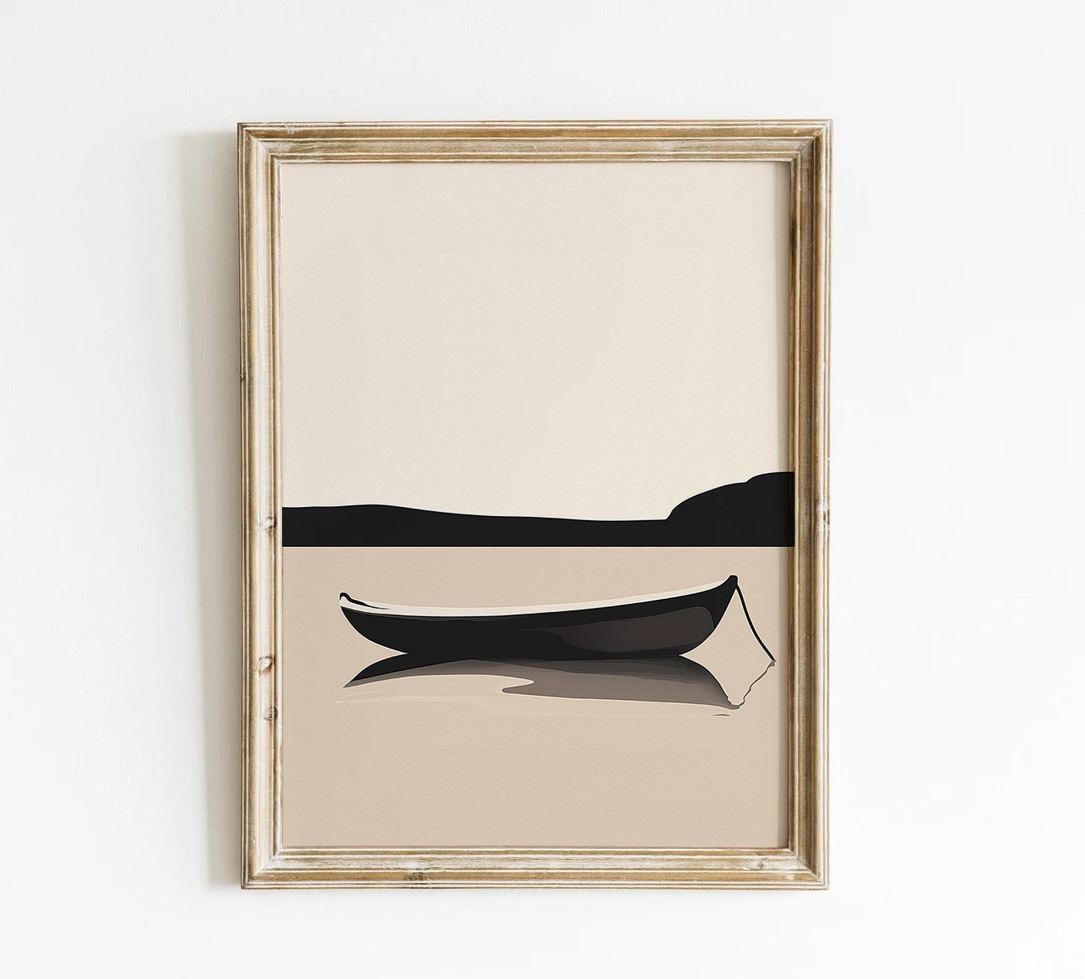 Impresión moderna de canoa, arte minimalista de camping, arte mural de aventura, arte de montaña, pintura de barco, impresiones de aventura al aire libre, impresión en negro y beige