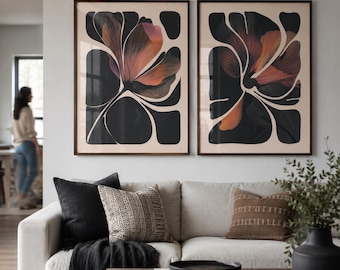 Ensemble de 2 affiches florales abstraites d'art botanique, décoration murale florale moderne pour chambre à coucher, art moderne pour salon, décoration intérieure de style mid-century