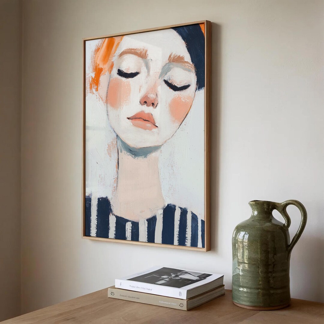 Abstract Woman Portrait Print, Modern Female Face Wall Art, Navy Orange ...