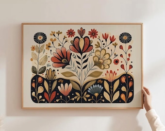 Arte popular escandinavo, arte floral moderno, arte mural floral de mediados de siglo, impresión botánica para dormitorio, arte bohemio para sala de estar, arte mural para cocina escandinava
