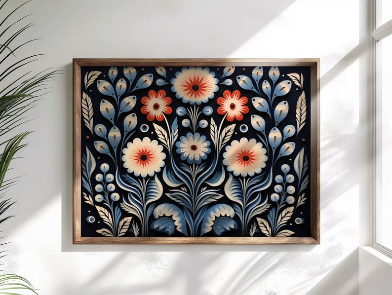 Scandinavian Art Norwegian Folk Art Floral Bird Print Nordic Art Gallery Living Room Art Modern Home Decor, Cafe Art Set Scandi Norway Art image 7