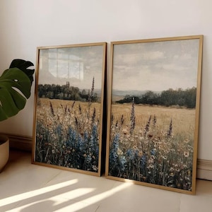 Blue Flower Art Wildflower Field Prints Set of 2, Rustic Landscape Oil Painting Style, Vintage Country Field Wall Art, Moody Floral Decor