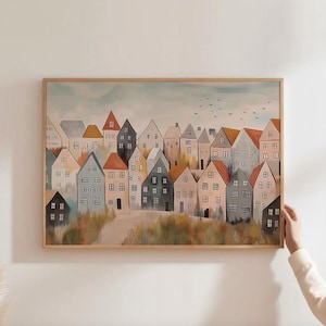 Arte mural de pueblo nórdico, impresión de hogar escandinavo, decoración sueca moderna, póster escandinavo minimalista, ilustración de pueblo acogedor