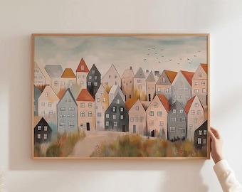 Nordic Village Wall Art, Scandinavian Home Print, Modern Swedish Decor, Minimalist Scandi Poster, Cozy Village Illustration