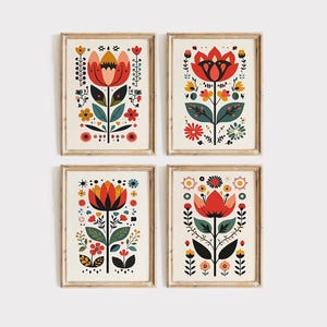 Arte scandinava Arte popolare norvegese Set di 4 stampe floreali Stampe nordiche Arte murale scandinava Stampe per camera da letto contemporanee Arredamento per la casa scandinavo