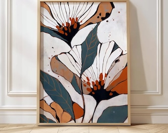 Abstract Botanical Wall Art Earth Tone Flower Print in Terracotta and Neutral Colors Minimalist Floral Illustration for Modern Home Deco