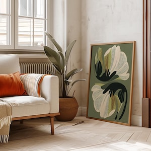 Lámina decorativa floral verde para pared, póster botánico moderno, arte floral verde oliva, lámina minimalista de naturaleza. imagen 7