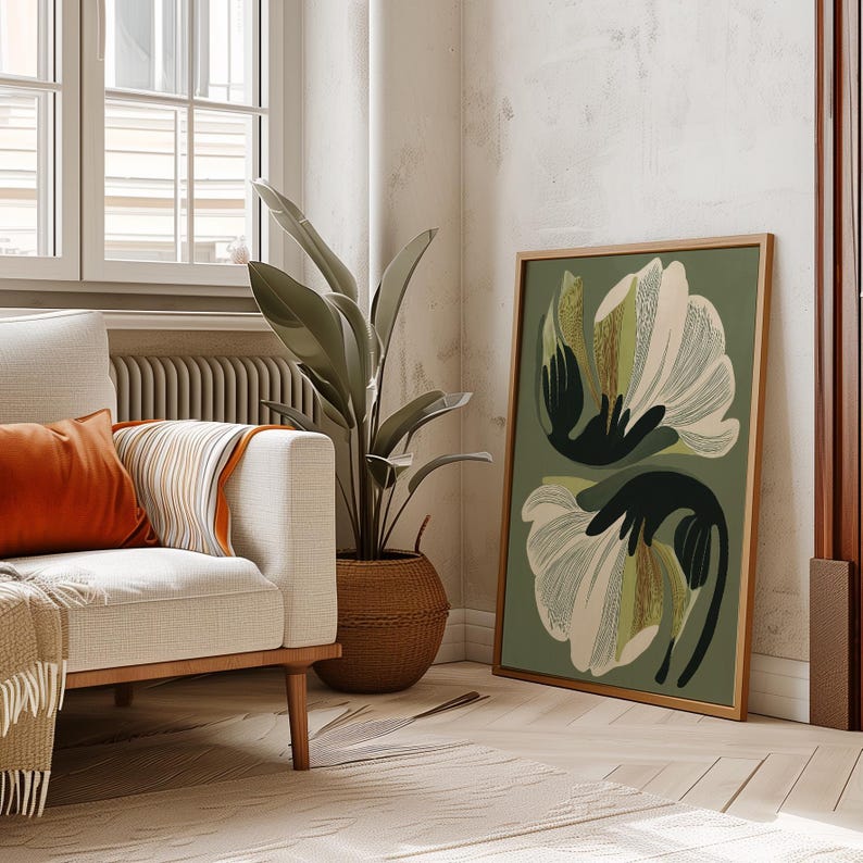 Lámina decorativa floral verde para pared, póster botánico moderno, arte floral verde oliva, lámina minimalista de naturaleza. imagen 7