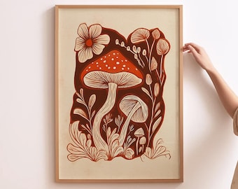 Mushroom Wall Art Wild Mushroom Drawing Forest Mushroom Sketch Kitchen Prints Red Mushroom Painting Home Woodland Decor Red Kitchen Art