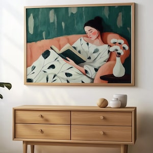 Bookish Wall Art Woman Reading Print People Wall Art in Emerald Green Cozy Reading Corner Decor Literary Art for Book Lovers