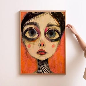 Arte abstrata de rosto Arte de parede eclética Impressões surreais laranja Impressões da moda para casa Arte de parede de rosto minimalista Pintura abstrata Olhos grandes Mulher