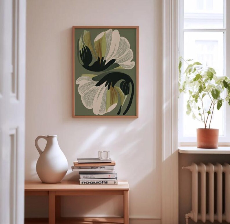 Lámina decorativa floral verde para pared, póster botánico moderno, arte floral verde oliva, lámina minimalista de naturaleza. imagen 5