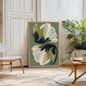 Lámina decorativa floral verde para pared, póster botánico moderno, arte floral verde oliva, lámina minimalista de naturaleza. imagen 2