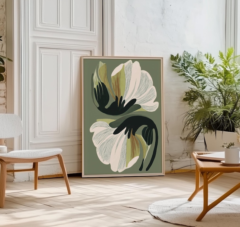 Lámina decorativa floral verde para pared, póster botánico moderno, arte floral verde oliva, lámina minimalista de naturaleza. imagen 2