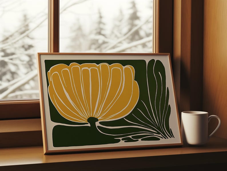 Abstract Floral Art Mid Century Flower Print Yellow Botanical Poster ...