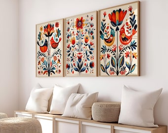 Folk Art Bird Wall Art Set of 3 Colorful Scandinavian Floral Prints Boho Nature Inspired Bird Posters Whimsical Botanical Home Decor