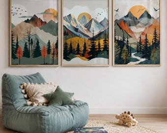 Boy room mountain nursery art mountain print tree nursery decor nursery wall art adventure theme nursery nordic style boys room prints