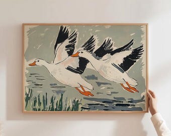Vintage Flying Geese Print, Farmhouse Wall Art, Bird Painting