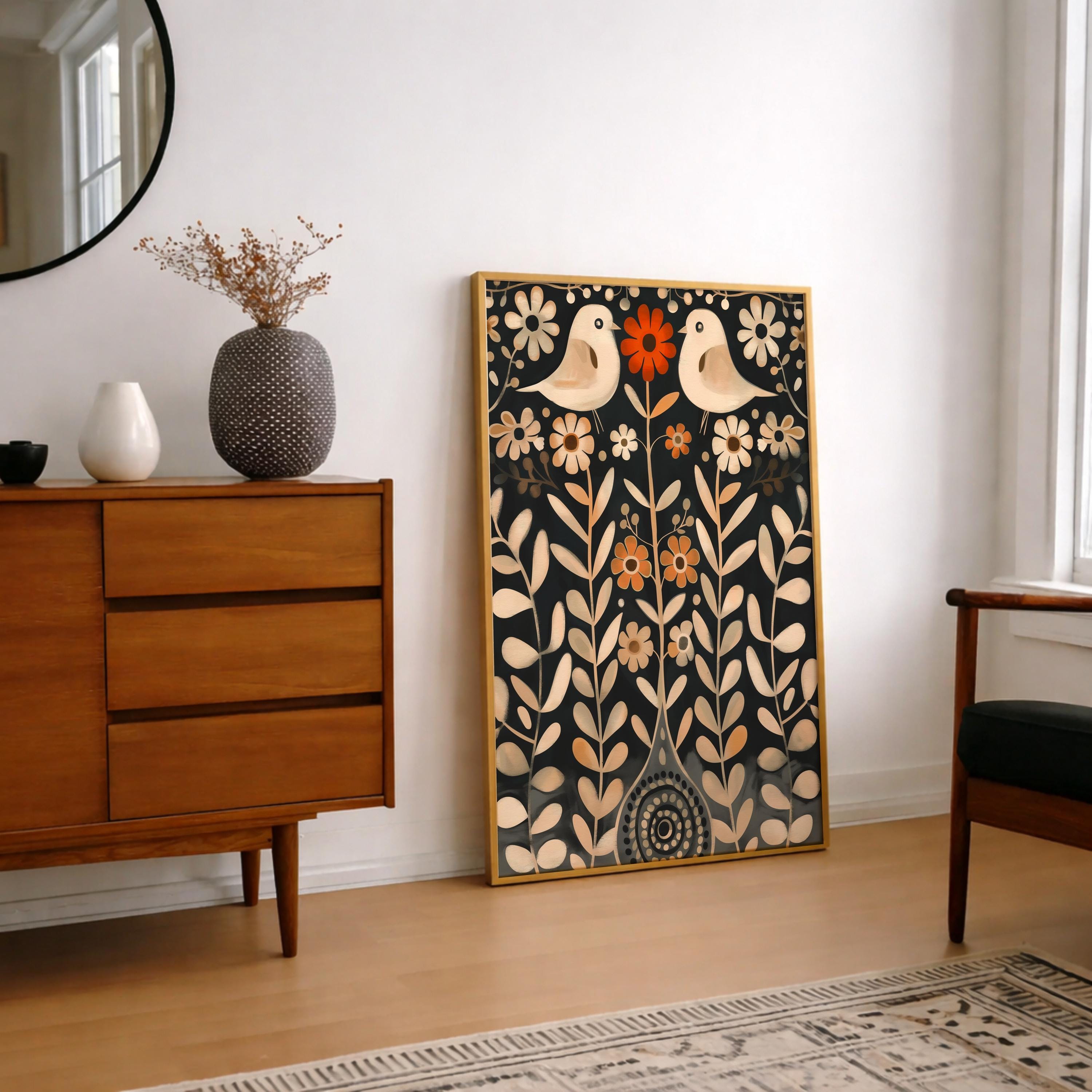 Scandinavian Folk Art Bird Print, Nordic Floral Wall Art, Scandi