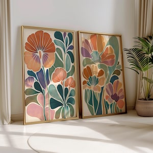 Botanical Flower Nursery Art Set Of 2 Boho Flower Prints Girl Room Wall Decor Modern Flower Art Scandi Wall Decor Pastel Floral Wall Art