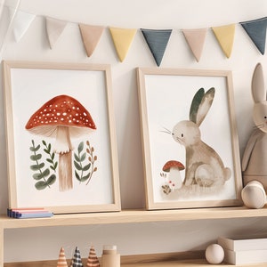 Woodland Nursery Art Set Of 2 Mushroom Print Woodland Art Forest Nursery Woodland Bunny Print Mushroom Prints For Kids Room Woodland Decor