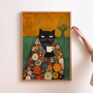 黒猫アート おもしろ猫プリント 不機嫌な猫プリント コーヒーを飲む猫 猫好きの壁アート おもしろカフェアート ダークグリーンの壁装飾 おもしろコーヒーアート