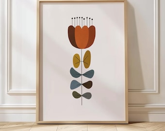 Mid Century Modern Floral Wall Art Print, Retro Scandinavian Style Minimalist Flower Illustration, Vintage Boho Botanical Decor