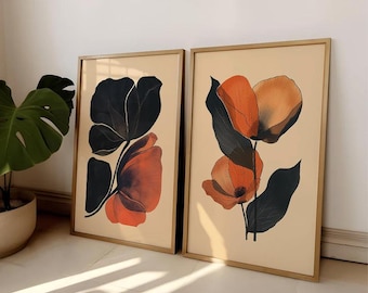 Juego de 2 impresiones florales de arte botánico abstracto, arte de pared floral moderno, impresiones botánicas para dormitorio, arte moderno para sala de estar, decoración del hogar de mediados de siglo