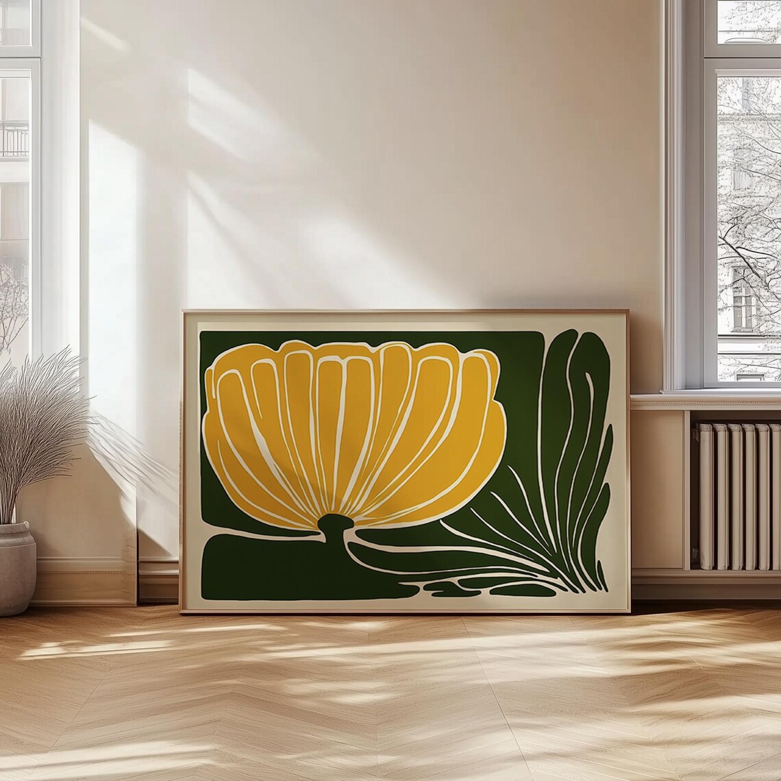 Abstract Floral Art Mid Century Flower Print Yellow Botanical Poster ...